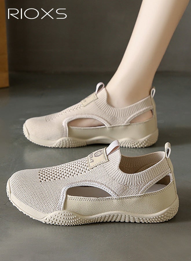 RIOXS Women's Casual Sneakers, Breathable Knitted Mesh Lining, Shock-Absorbing Moisture-Wicking, Durable Slip-Resistant Round-Toe Lace-Up Low-Top Shoes, Perfect for Walking, Commuting, or Casual Outings, Khaki - Image 2